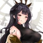  1girl :q animal_ears arknights bare_shoulders black_hair black_sweater breasts covered_nipples extra_ears horns large_breasts long_hair looking_at_viewer off_shoulder ore_lesion_(arknights) ribbed_sweater scup sidelocks sleeveless sleeveless_turtleneck smile solo sweater tongue tongue_out tsukinogi_(arknights) turtleneck upper_body yellow_eyes 