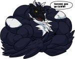  2019 absurd_res anthro anthrofied big_muscles chest_tuft corviknight crossed_arms dialogue english_text fierglief flexing growth hi_res huge_muscles hyper hyper_muscles male muscle_growth muscular nintendo nude pok&eacute;mon pok&eacute;mon_(species) simple_background solo speech_bubble text tuft video_games white_background wings yellow_eyes 