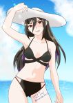  1girl bikini black_bikini breasts cowboy_shot day hair_down hat highres lips long_hair looking_at_viewer meleph_(xenoblade) nayuta-knt ocean outdoors small_breasts solo sun_hat swimsuit xenoblade_(series) xenoblade_2 