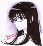  1girl artist_name bangs black-framed_eyewear black_hair character_name collared_shirt commentary copyright_name from_side glasses himawari-san himawari-san_(character) long_hair portrait purple_eyes shirt smile solo sugano_manami white_shirt 