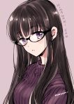  1girl bangs black-framed_eyewear black_hair blush breasts character_name commentary_request copyright_name expressionless eyebrows_visible_through_hair glasses himawari-san himawari-san_(character) lips long_hair looking_at_viewer medium_breasts purple_eyes purple_sweater ribbed_sweater signature simple_background solo sugano_manami sweater upper_body 