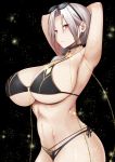  1girl armpits arms_behind_head arms_up bangs bikini black_bikini blush breasts carmilla_(fate/grand_order) carmilla_(swimsuit_rider)_(fate) chain choker closed_mouth cowboy_shot curvy diisuke earrings eyewear_on_head fate/grand_order fate_(series) from_side huge_breasts jewelry long_hair looking_at_viewer looking_to_the_side parted_bangs red_eyes silver_hair solo sunglasses swimsuit 