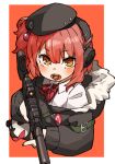  1girl amonitto beret candy commentary_request food girls_frontline gun h&amp;k_mp7 hair_ornament hat headphones jacket lollipop looking_at_viewer mp7_(girls_frontline) off_shoulder pink_hair solo submachine_gun suppressor weapon yellow_eyes 