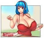  1boy bangs bare_shoulders blue_hair bowl breasts chemise cleavage closed_mouth collarbone cooking cutting_board english_commentary erkaz eyebrows_visible_through_hair food hairband halterneck highres holding holding_bowl huge_breasts meat medium_hair original red_eyes red_hairband rina_atherina salt smile 