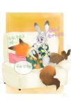  2020 anthro barefoot border bottomwear buckteeth canid canine cellphone chair clothed clothing dialogue disney duo fox fully_clothed fur furniture grey_body grey_fur holding_cellphone holding_object holding_phone japanese_text judy_hopps lagomorph leporid mammal moromorowephi nick_wilde open_mouth open_smile orange_background orange_body orange_fur pants phone pillow purple_eyes rabbit reclining red_fox shirt simple_background smile straddling teeth text thought_bubble topwear white_border zootopia 