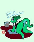  4:5 anal anthro bent_over dialogue dragon green_background green_body green_scales looking_at_viewer looking_back male purple_eyes scales simple_background solo spikey(oc) spilled_liquid swirls text whackersalot(artist) worker 