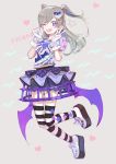  1girl ;d bow full_body gloves hair_ornament highres hoop_skirt idol jumping light_brown_hair long_hair looking_at_viewer nishihara_isao one_eye_closed open_mouth platform_footwear pretty_(series) pripara purple_eyes skirt smile solo striped striped_legwear thighhighs two_side_up 