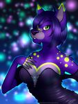  anthro ava_rose7673 breasts clothed clothing dress female fur green_body green_eyes green_fur humanoid mammal mustelid purple_body purple_fur solo trickster_illustrations 