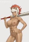  1girl abs breasts censored club cowboy_shot dakkalot dark_skin fire_emblem fire_emblem_fates fire_emblem_heroes grey_background holding holding_weapon large_breasts mask mask_on_head mosaic_censoring multicolored_hair muscle muscular_female nipples nude oni patreon_logo patreon_username pink_hair pussy red_eyes rinkah_(fire_emblem) short_hair solo spiked_club two-tone_hair weapon white_hair 