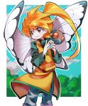 1girl bangs blonde_hair border bug butterfly butterfree character_request check_character feet_out_of_frame gen_1_pokemon highres holding holding_poke_ball hyou_(hyouga617) insect long_hair long_sleeves outline outside_border parted_lips poke_ball pokemon pokemon_(creature) pokemon_special ponytail red_eyes solo white_border white_outline yellow_(pokemon) 