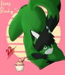  2_tails 5_fingers absurd_res alex_(alex_kitsune) alex_kitsune anthro birthday blue_eyes canid canine cupcake fingers food fox fur green_body green_fur hi_res looking_at_viewer male mammal multi_tail simple_background solo solo_focus 