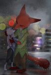  2020 absurd_res anthro anthro_on_anthro barefoot blurred_background bokeh bottomwear brown_body brown_fur building canid canine clothing detailed_background disney duo ears_down eyes_closed fox fur grey_body grey_fur hi_res judy_hopps kissing lagomorph leporid light lighting mammal nick_wilde orange_body orange_fur outside pants pivoted_ears rabbit raining red_fox relaxable relaxablefur shirt standing topwear wet wet_body wet_clothing wet_fur zootopia 