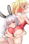  2girls ;t animal_ears ass backless_leotard bare_shoulders black_hairband blonde_hair blush breasts bunny_ears closed_mouth fake_animal_ears green_eyes grey_eyes hairband half-closed_eye head_on_ass hug leotard long_hair medium_breasts multiple_girls nose_blush open_mouth original red_leotard short_eyebrows silver_hair simple_background strapless strapless_leotard thick_eyebrows twintails unname white_background white_leotard 