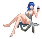  1girl absurdres alcohol ass azur_lane backless_dress backless_outfit bangs bare_shoulders barefoot blue_hair blue_nails breasts cleavage cup dress drinking_glass earrings evening_gown feet hair_between_eyes hair_ornament hairclip halter_dress highres hong_bai jewelry large_breasts necklace pantyhose pink_eyes plunging_neckline side_ponytail sidelocks silver_dress st._louis_(azur_lane) st._louis_(luxurious_wheels)_(azur_lane) thighs toes wine wine_glass 