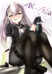  1girl absurdres ak-alfa_(girls_frontline) black_gloves black_legwear blush bottle character_name english_text girls_frontline gloves hairband headphones highres long_hair looking_at_viewer mr_lobster open_mouth pantyhose saliva silver_hair simple_background sitting sitting_on_lap sitting_on_person solo tagme thighhighs thighs yellow_eyes 