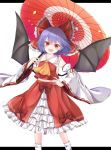  1girl :d armpit_peek bat_wings blush breasts commentary_request cosplay cravat detached_sleeves eyebrows_visible_through_hair fang feet_out_of_frame hair_between_eyes hair_ribbon hakurei_reimu hakurei_reimu_(cosplay) hand_on_hip head_tilt highres holding holding_umbrella letterboxed light_blue_hair looking_at_viewer midriff navel open_mouth oriental_umbrella petticoat pointy_ears red_eyes red_skirt red_vest remilia_scarlet remitei03 ribbon ribbon-trimmed_sleeves ribbon_trim short_hair simple_background skirt slit_pupils small_breasts smile solo standing touhou umbrella vest white_background white_legwear wide_sleeves wings yellow_neckwear 