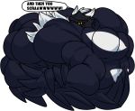  2019 absurd_res anthro anthrofied big_muscles chest_tuft corviknight crossed_arms dialogue english_text fierglief flexing growth hi_res huge_muscles hyper hyper_muscles male muscle_growth muscular nintendo nude pok&eacute;mon pok&eacute;mon_(species) simple_background solo speech_bubble text tuft video_games white_background wings yellow_eyes 