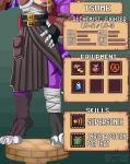 absurd_res alchemist anthro belt canid canine canis dragusmorh dungeons_and_dragons english_text equipment fur hasbro headless hi_res hyaenid hybrid kilt level_difference male mammal pockets pretzel_(food) purple_body purple_fur tall text tsume_yifu vainilla_latte white_fingers wizards_of_the_coast wolfdog 