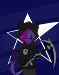  2018 absurd_res anthro betilla_zanders_(wub) black_clothing clothing domestic_cat eyes_closed felid feline felis female fur goth hair hi_res holding_object holding_weapon hoodie mammal melee_weapon pink_hair polearm purple_body purple_fur purple_tail scythe solo topwear watermark weapon wub_(artist) 