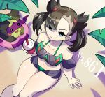  1girl asymmetrical_bangs asymmetrical_hair bangs bare_shoulders bikini black_hair blue_eyes breasts feet_out_of_frame from_above gen_8_pokemon highres holding_drink katwo_1 leaf mary_(pokemon) medium_breasts medium_hair morpeko morpeko_(full) navel number pokemon pokemon_(game) pokemon_number pokemon_swsh shadow sitting solo swimsuit undercut 
