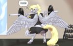  2020 absurd_res amara_burrger anthro barbell butt clock clothing derpy_hooves_(mlp) dialogue digital_media_(artwork) english_text equid equine exercise eyebrows female friendship_is_magic hi_res mammal my_little_pony pegasus solo text torn_clothing watch weightlifting wings workout wristwatch 