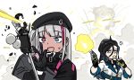  2girls :d anger_vein angry anyan_(jooho) beret black_hair black_headwear blue_eyes broken candy cellphone colt_python commentary dark_skin desert_tech_mdr explosion firing flip_phone food girls_frontline gloves gun handgun hat heterochromia jacket lollipop long_hair mdr_(girls_frontline) multicolored_hair multiple_girls one_side_up open_mouth phone pink_eyes pink_hair python_(girls_frontline) revolver self_shot selfie_stick silver_hair smile streaked_hair sweat v weapon 