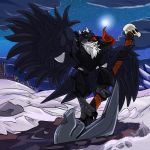  1:1 2019 4_toes absurd_res anthro anthrofied armor beak big_muscles black_body black_fur bone cawaden chest_tuft cloud corviknight fierglief fur glowing glowing_eyes hi_res holding_object huge_muscles looking_at_viewer male mountain muscular nintendo odd-shaped_blade pok&eacute;mon pok&eacute;mon_(species) scarf skull sky snow solo standing star starry_sky sun toes tuft video_games weapon wings yellow_eyes 
