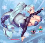  alternate_species big_breasts big_butt blue_eyes breasts butt cleavage clothed clothing female hair long_hair looking_at_viewer marine merfolk rwby solo supersatanson text weiss_schnee 