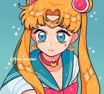  1girl aqua_background bangs bishoujo_senshi_sailor_moon blonde_hair blue_eyes blue_sailor_collar choker crescent crescent_choker crescent_earrings derivative_work diadem earrings emily_kim eyebrows_visible_through_hair instagram_username jewelry meme parted_bangs parted_lips red_choker sailor_collar sailor_moon sailor_moon_redraw_challenge sailor_senshi_uniform screencap_redraw solo sparkle tsukino_usagi twintails upper_body 