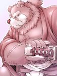  2020 3:4 anthro asian_clothing belly clothing east_asian_clothing fundoshi hi_res humanoid_hands japanese_clothing kemono male mammal moobs nipples overweight overweight_male scar simple_background solo underwear ursid weapon zapapanda 