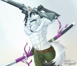  abs absurd_res anthro arctic_wolf armpit_hair athletic black_body black_fur black_hair body_hair canid canine canis chest_tuft fur green_eyes gun hair haku_hyogaki hakuhyogaki heterochromia hi_res horn inner_ear_fluff katana looking_at_viewer male mammal melee_weapon muscular muscular_male pecs ranged_weapon red_eyes scar simple_background smile solo sword tongue tongue_out tuft weapon white_body white_fur wolf 