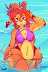  2019 2:3 absurd_res antelope anthro beach bikini blue_eyes bovid chest_tuft clothed clothing female fluffy fur gazelle hair hand_behind_head hi_res horn mammal navel navel_piercing open_mouth orange_body orange_fur partially_submerged piercing red_hair sandramj_(artist) seaside sep_(the_hayseed_knight) skimpy solo standing swimwear the_hayseed_knight tuft water wide_hips 