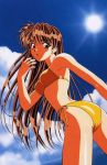  1girl bikini brown_eyes brown_hair day long_hair nakajima_atsuko official_art outdoors roommate side-tie_bikini solo sun swimsuit twisted_torso yellow_bikini 