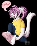  4_toes angry anthro barefoot clothed clothing female glue hi_res messy_fun pawpads paws pink_pawpads sitting solo speech_bubble struggling stuck_feet tevayra toes vicky_bratton 
