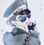  1other ambiguous_gender eating eyelashes food food_on_face gloves grey_eyes grey_hair hat holding holding_food military military_hat military_uniform nishihara_isao open_mouth original short_hair solo sunglasses uniform wavy_hair 