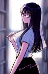  1girl bangs black-framed_eyewear black_hair black_skirt blurry blurry_background book bookshelf bookstore breasts character_name commentary_request copyright_name cowboy_shot from_side glasses himawari-san himawari-san_(character) indoors lips long_hair looking_at_viewer medium_breasts multicolored_hair purple_eyes purple_hair shirt shop skirt solo standing sugano_manami two-tone_hair white_shirt 