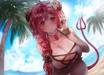  1girl beach blue_sky braid breasts cloud collarbone curled_horns day demon_girl demon_horns demon_tail eyebrows_visible_through_hair highres horns io_(princess_connect!) large_breasts long_hair looking_at_viewer one-piece_swimsuit outdoors palm_tree princess_connect! princess_connect!_re:dive red_eyes red_hair red_tail single_braid sky smile solo suru_(ksoo420) swimsuit tail tree white_swimsuit 