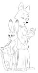  anthro barefoot black_and_white book canid canine ciwi clothed clothing disney duo fox fully_clothed fur hi_res holding_book holding_object holding_sword holding_weapon judy_hopps lagomorph leporid mammal melee_weapon monochrome nick_wilde rabbit red_fox simple_background standing sword weapon white_background zootopia 