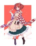  1girl apron bell book checkered checkered_kimono checkered_scarf checkered_shirt eyebrows_visible_through_hair glasses hair_bell hair_ornament japanese_clothes jingle_bell kanitama_(putyourhead) kimono looking_at_viewer motoori_kosuzu red_eyes red_hair scarf shirt short_hair touhou twintails two_side_up wide_sleeves yellow_apron 