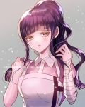  1girl alternate_hairstyle apron artist_name bandages bangs blush breasts commentary_request danganronpa grey_background large_breasts long_hair looking_at_viewer mole mole_under_eye nurse open_mouth parted_lips pink_shirt ponytail purple_eyes purple_hair shirt simple_background solo super_danganronpa_2 tsumiki_mikan z-epto_(chat-noir86) 
