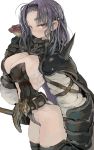  1girl bangs blush breasts cleavage cleavage_cutout commentary commentary_request ebimomo highres long_hair looking_at_viewer original purple_eyes purple_hair shoulder_armor simple_background solo spikes standing thighhighs tied_hair 