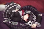  1girl bangs black_hair black_legwear black_nails blush bonnet breasts card celestia_ludenberck commentary_request danganronpa danganronpa_1 drill_hair frills gothic_lolita hairband highres holding jjilbabmaen large_breasts lolita_fashion long_hair long_sleeves looking_at_viewer lying nail_polish necktie on_bed pantyhose pillow playing_card red_eyes red_neckwear smile solo twin_drills twintails 