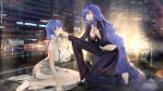  2girls absurdly_long_hair absurdres azur_lane backless_dress backless_outfit bare_shoulders belt biloxi_(azur_lane) biloxi_(empress_in_the_silk_seat)_(azur_lane) black_choker black_footwear black_suit blue_eyes blue_hair blue_nails blush bra bra_peek bracelet braid braided_ponytail breasts car choker cigarette cityscape cleavage dress earrings evening_gown full_body ground_vehicle hair_between_eyes hair_ornament hairclip halter_dress hand_on_another&#039;s_chin handkerchief high_heels highres jacket jewelry large_breasts long_hair medium_breasts motor_vehicle multiple_girls nail_polish necklace no_panties no_shirt pants pink_eyes plunging_neckline purple_jacket purple_pants revealing_clothes side_ponytail sidelocks silver_dress silver_footwear sitting sleeveless sleeveless_dress small_breasts smoke smoking st._louis_(azur_lane) st._louis_(luxurious_wheels)_(azur_lane) suit_jacket thighs underwear very_long_hair yi_dianxia yokozuwari yuri 