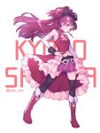  1girl black_legwear boots character_name detached_sleeves food food_in_mouth hand_on_hip highres knee_boots long_hair looking_at_viewer magical_girl mahou_shoujo_madoka_magica paru_rari pocky ponytail red_eyes red_footwear red_hair sakura_kyouko sleeveless solo soul_gem 