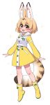  1girl :3 alternate_costume animal_ears blonde_hair blush boots commentary_request extra_ears highres hood hood_down kemono_friends kemono_friends_3 long_sleeves looking_at_viewer open_mouth raincoat ransusan rubber_boots serval_(kemono_friends) serval_ears serval_girl serval_print serval_tail shirt short_hair skirt solo tail white_shirt yellow_eyes yellow_footwear yellow_shirt yellow_skirt 