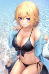  1girl bare_shoulders bikini black_bikini blonde_hair blue_eyes blue_jacket braid breasts cleavage collarbone commentary_request fate/grand_order fate_(series) front-tie_bikini front-tie_top groin hair_ornament hair_scrunchie hands_up highres ironatsuki jacket jeanne_d&#039;arc_(fate)_(all) jeanne_d&#039;arc_(swimsuit_archer) large_breasts long_hair looking_at_viewer navel off_shoulder open_clothes open_jacket scrunchie side-tie_bikini single_braid smile solo stomach string_bikini swimsuit thighs very_long_hair water 