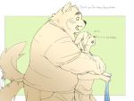  2020 4:3 anthro belly blush bottomwear canid canine canis clothing domestic_dog duo english_text eyes_closed hug hugging_from_behind inunoshippo kemono male mammal overweight overweight_male pants shirt tailwag text topwear 