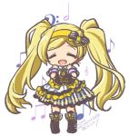  1girl bass_clef beamed_eighth_notes blonde_hair blush boots chibi closed_eyes eighth_note emily_stewart full_body hands_up idolmaster idolmaster_million_live! long_hair musical_note open_mouth skirt smile solo striped striped_skirt treble_clef twintails wristband yukimiya_chino 
