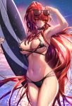  1girl absurdres areola_slip areolae bangs bare_shoulders been behind_back bikini black_bikini black_nails blush breasts cleavage closed_mouth collarbone commentary cowboy_shot criss-cross_halter elesis_(elsword) elsword eyebrows_visible_through_hair groin halterneck hand_up highres holding_surfboard legs_together long_hair looking_at_viewer multi-strapped_bikini nail_polish navel ocean outdoors red_hair sidelocks sky solo standing stomach surfboard swimsuit very_long_hair wet 
