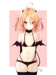  1girl :&lt; ahoge arms_behind_back bare_shoulders bikini black_bikini black_choker black_gloves black_legwear black_shorts black_wings blonde_hair breasts choker closed_mouth collarbone cowboy_shot demon_girl demon_wings elbow_gloves gloves hair_between_eyes highres honotai jewelry medium_hair micro_bikini micro_shorts navel original pendant pink_background pointy_ears purple_eyes shorts small_breasts solo stomach swimsuit tail thigh_gap thighhighs two-tone_background two_side_up white_background wings 